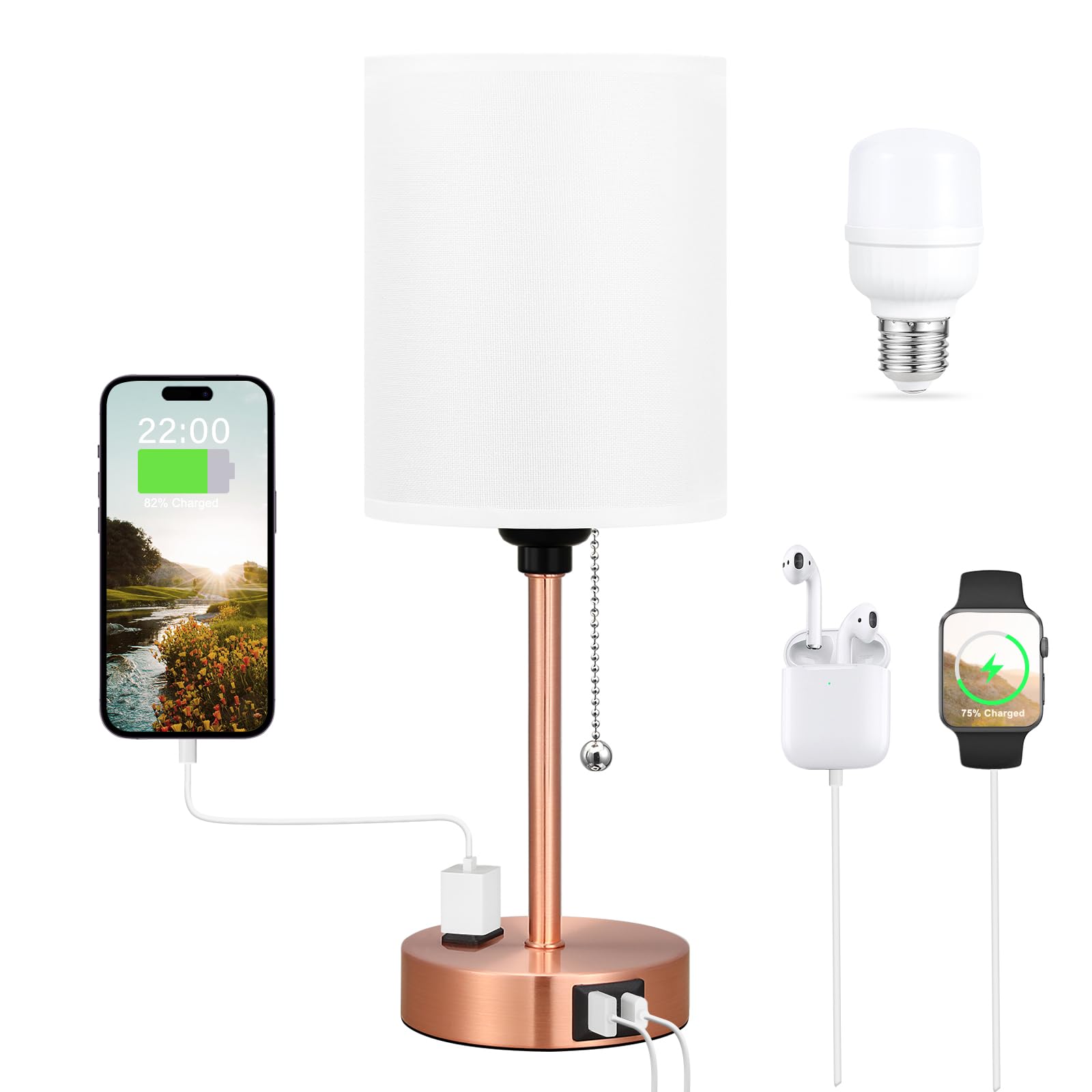 Dicoool Small Bedside Table lamp for Bedroom - 3 Color Temperatures Brass Bedside Lamps with USB C and A Ports, Pull Chain Table