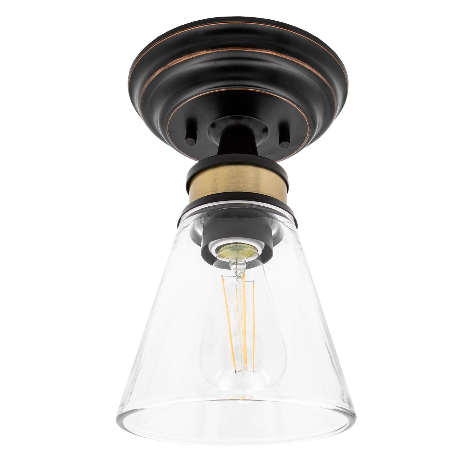 Maxxima 9'' Led Semi-Flush Mount Glass Ceiling Light Fixture W/ St19 Edison Bulb, Black W/Bronze Trim Fixture, Hallway, Stairway