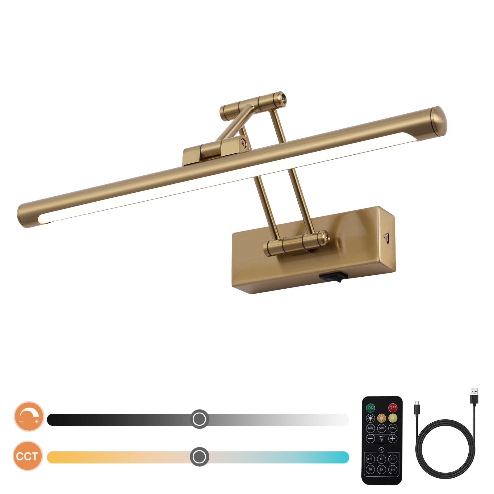 Battery Picture Lights for Wall  Rechargeable Gallery Light Wireless Art Display Lights with Dual-Rods Swing Arm Brass Discomfortting Light with Remote & Timer 3CCT Dimmable Wall Sconces for Portrait 16 