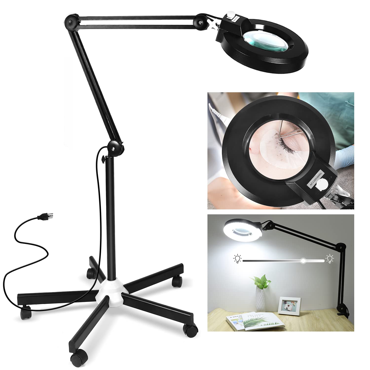 LANCOSC 8X Magnifying Glass with Light, 1,500 Lumens Dimmable LED, Floor Lamp with Rolling Base, Black, Model FL-BH
