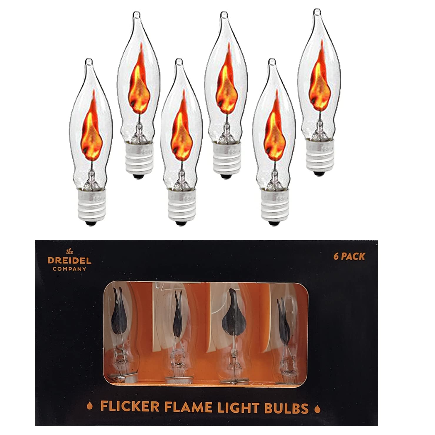 The Dreidel Company Flicker Flame Shaped Light Bulbs, E12 Replacement Bulbs, Dances with a Flickering Orange Glow, 1 Watt Bulb, 