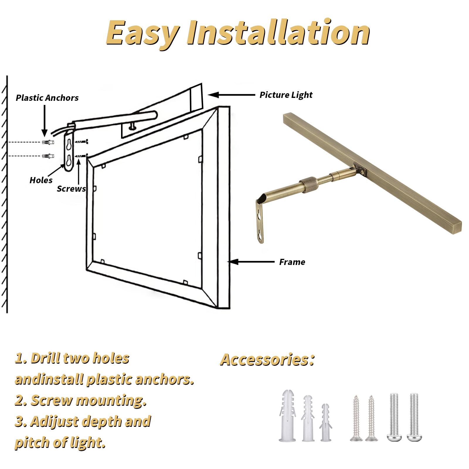 Pasoar LED Picture Light, 16 Inch Adjustable Art Light, Antique Brass Finish, CRI90+, 3000K Warm White, Model 9899