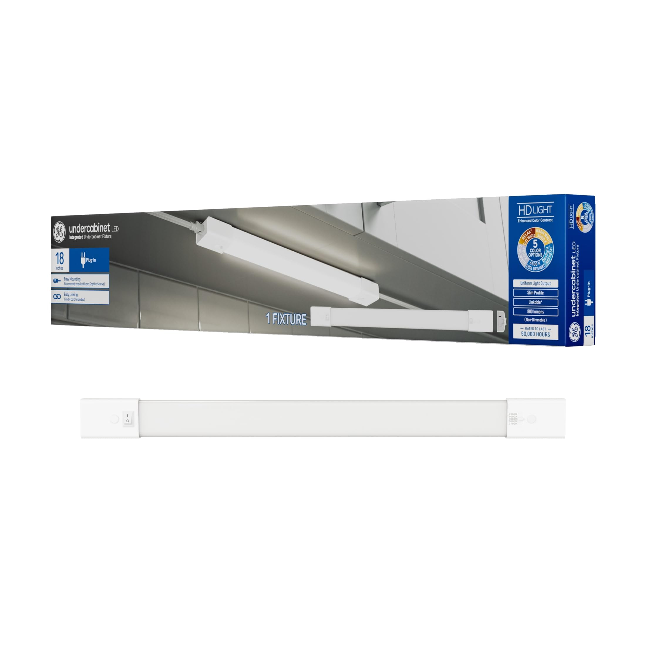 GE LED HD+ Undercabinet Light Fixture  Linkable Integrated Slim Profile Fixture for Kitchens  High Definition Light in 5 Color Temperatures  Plug-in  18in (1 Pack)