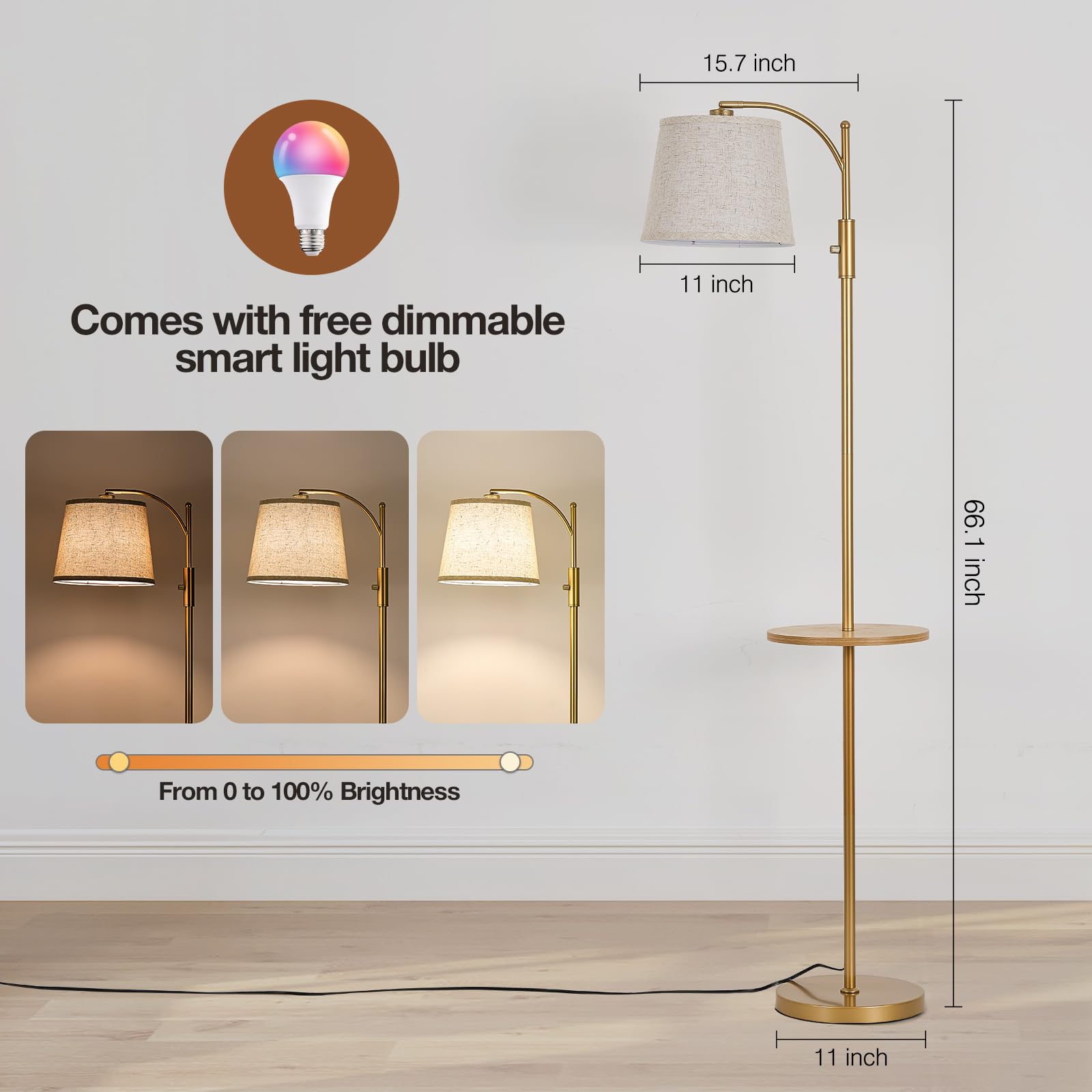 Aidenoey Smart Floor Lamp With Side Table | Stepless Dimming, Rgb Multi-Color | Adjustable Swivel Head | Voice Control With Alex