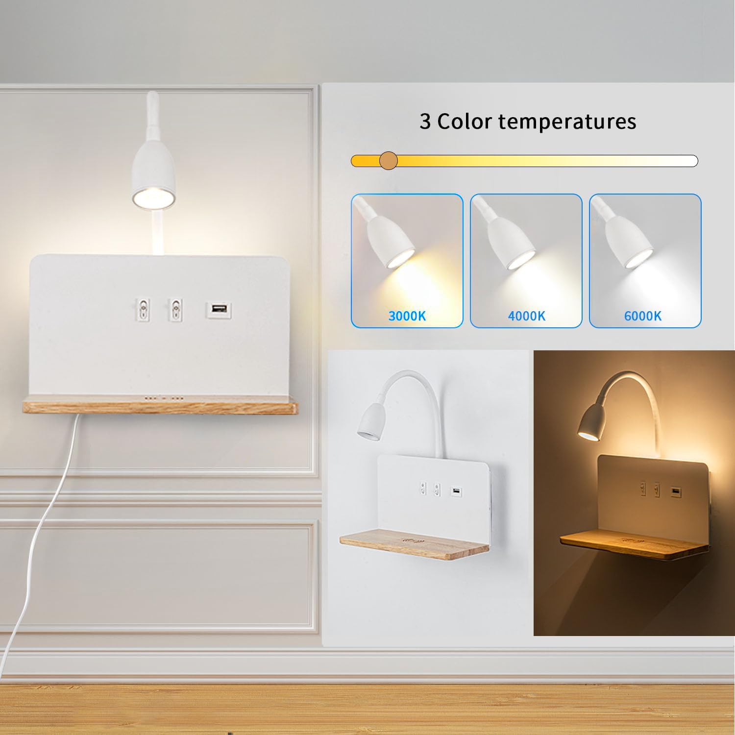 White Led Reading Wall Lights With Wireless Charging, Usb Charging Port, 3-Way Dimmable Wall Sconce Bedroom, Hardwire Or Plug-In
