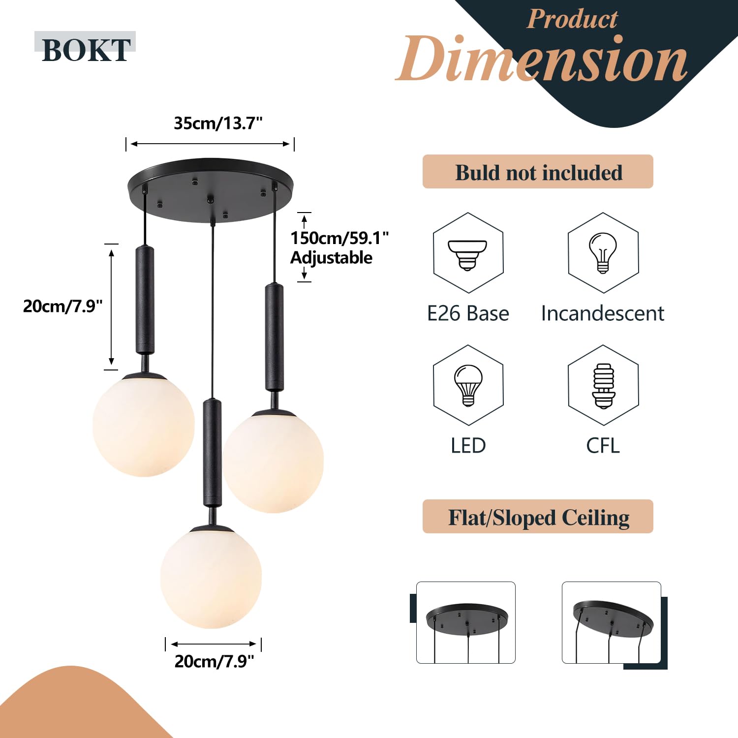 Bokt 3 Light Globe Cluster Pendant Light Modern Black Hanging Pendant Light Fixture White Milk Glass Vintage Farmhouse Pendant L