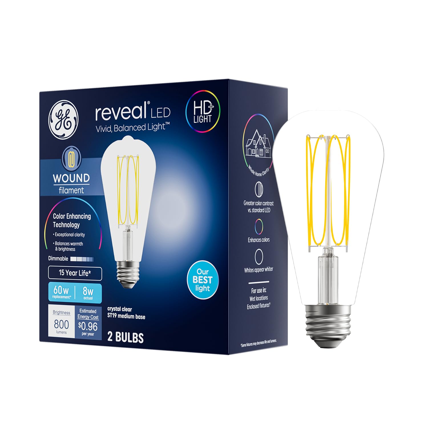 GE Reveal HD 60W ST19 Bulbs (2 Pack)