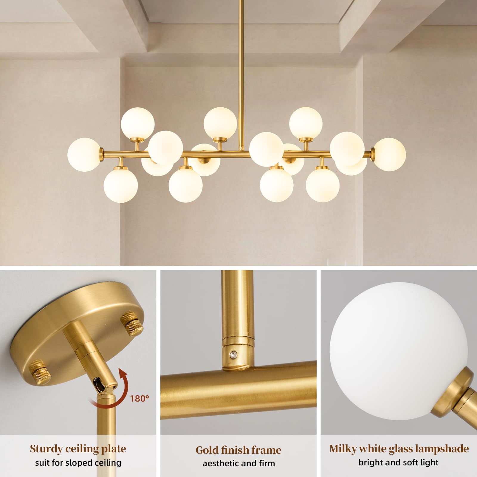 ALIYIQI Mid Century Modern Sputnik Chandelier, 16-Light Linear Fixture, Brass & Milky White Glass, Ideal for Dining Room & Kitchen Island
