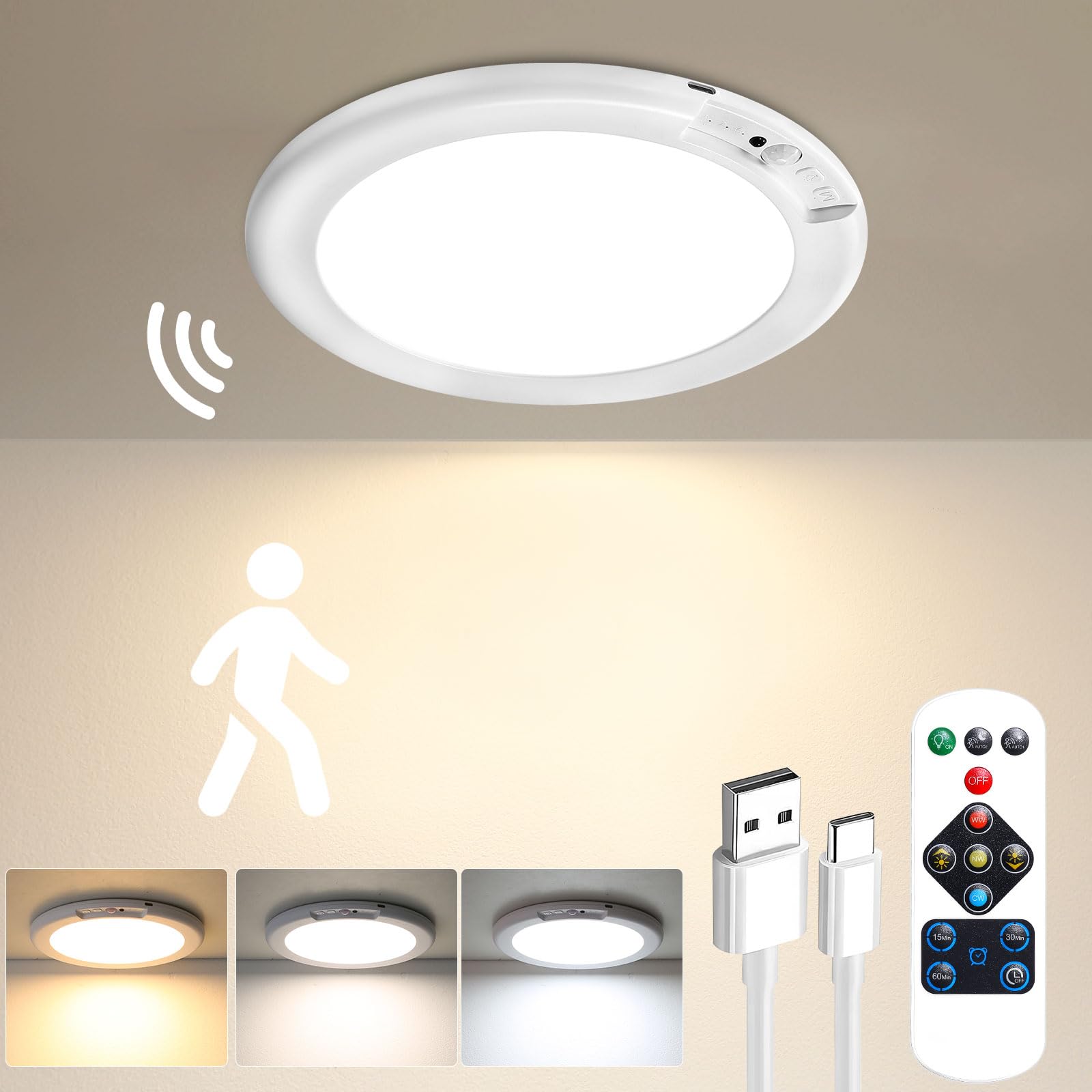 Gotopceed Rechargeable Motion Sensor Ceiling Light with Remote - Magnetic Wireless Ceiling Light Battery Powered for Closet Show