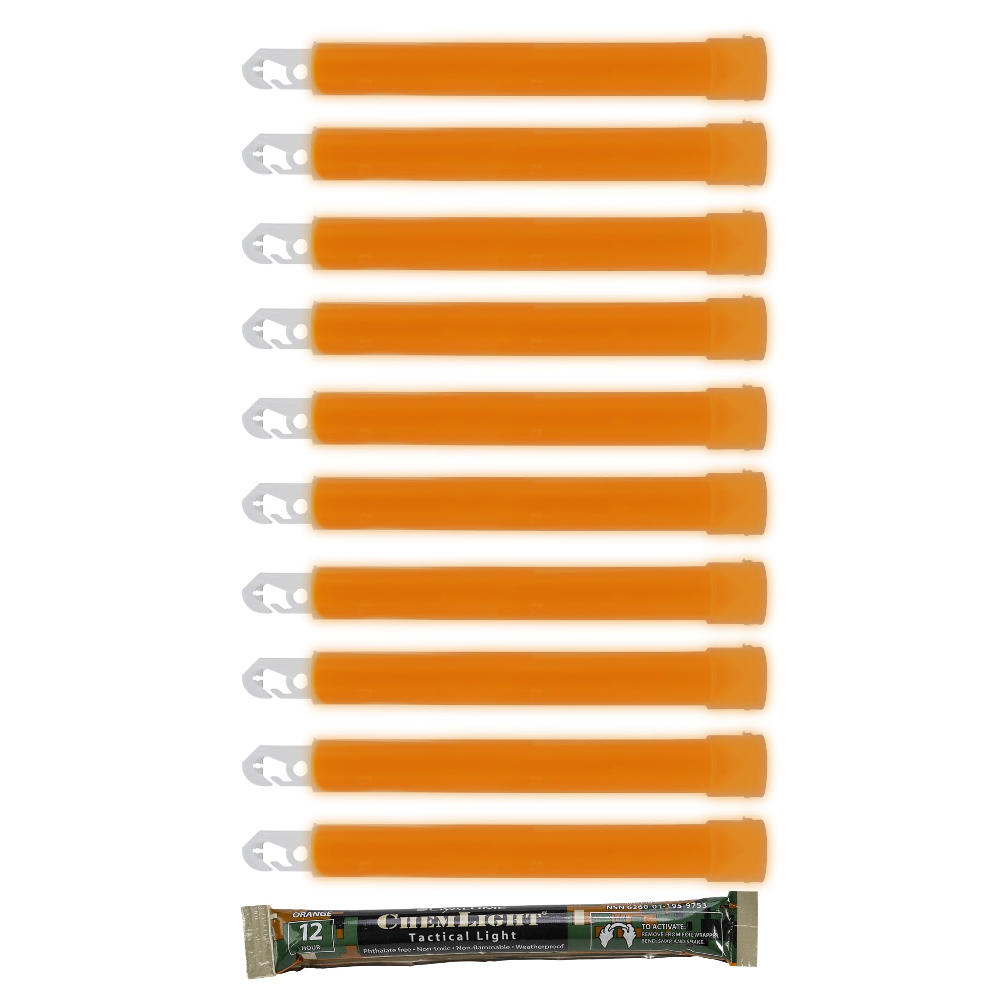 Cyalume 6" Military Grade Orange Glow Sticks - 10 Pack, 8 Hour Duration, Premium Bright ChemLight, Plastic Material