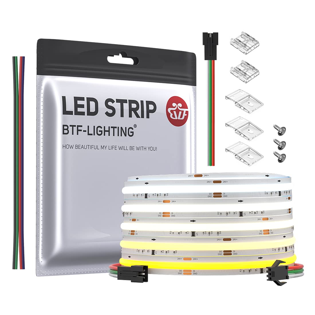 BTF-LIGHTING FCOB LED Strip 16.4FT DC24V CCT 3000K-6000K Multicolor High Density 576LED/m