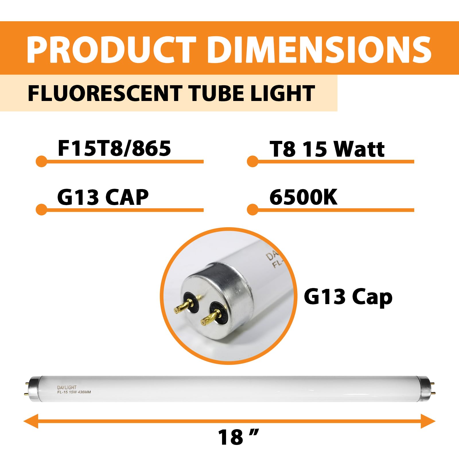 F15T8/Dl 18 Inches T8 15 Watt Fluorescent Tube Compatible For Sylvania Ge Eiko F15/T8/D Daylight 6500K G13 Bi-Pin Base 6 Count