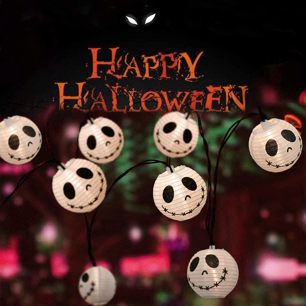 GOOTHY 8.5Ft Halloween Lantern String Lights, 10 White Nylon Ghost Lanterns, Waterproof for Outdoor Garden Party Decor
