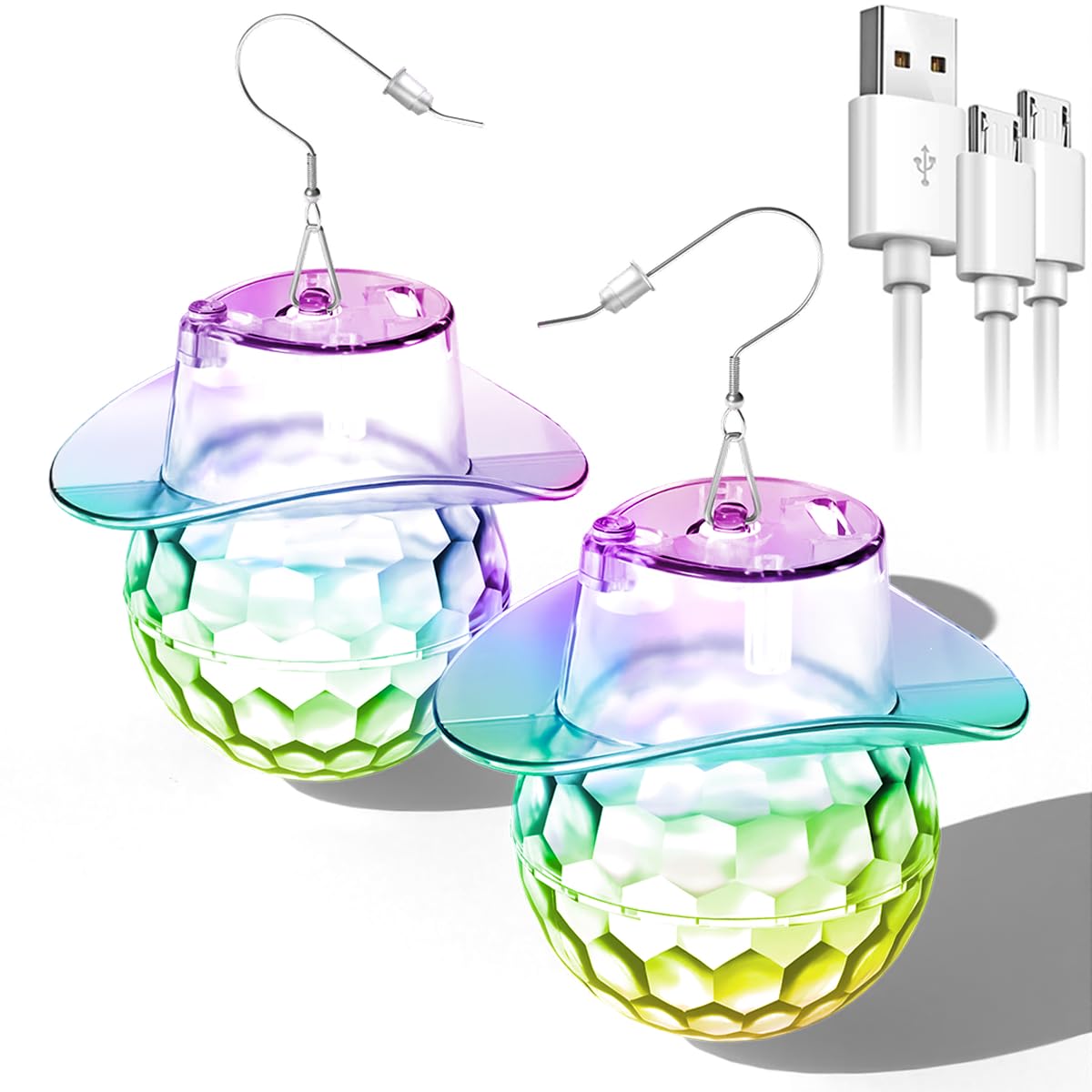 LED Disco Ball Cowgirl Hat Earrings | 16 Light Modes Rechargeable Light Up Earrings for Women  Disco Party & Dance Events Rave Accessories 60s 70s 80s