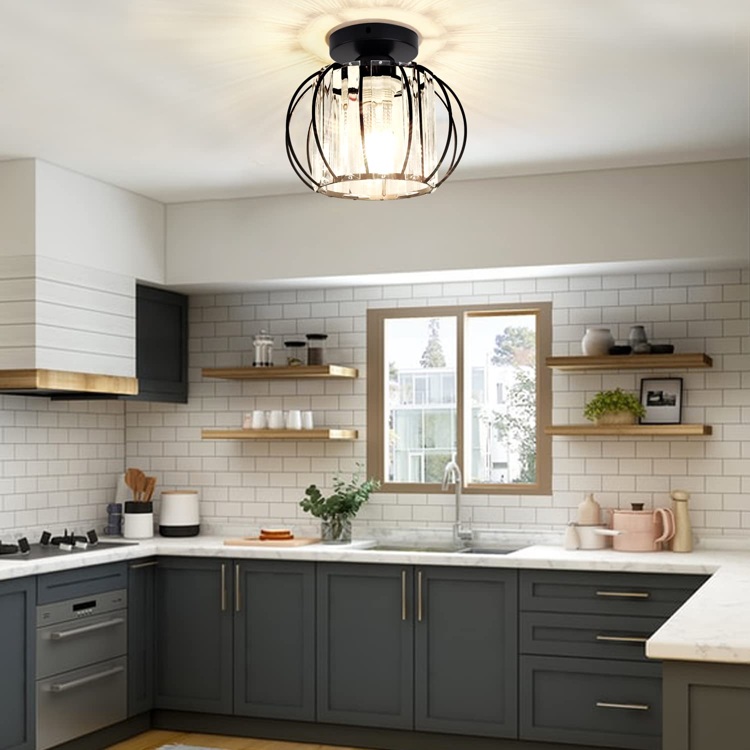 Tislyco Industrial Black Semi Flush Mount Ceiling Light Fixture, Modern Close To Ceiling Light, Mini Crystal Chandeliers Fixture