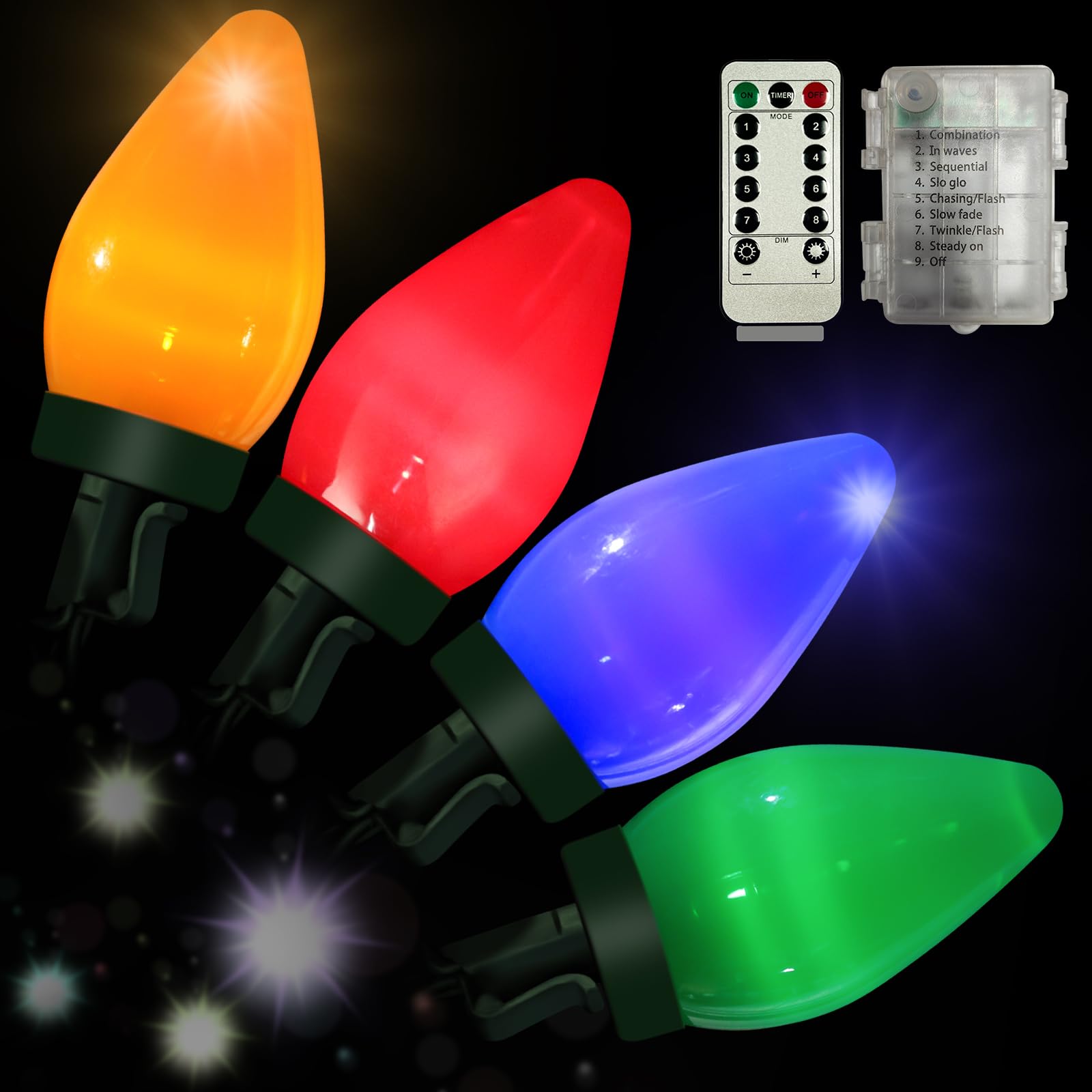 Anycosy Christmas Lights, 29.5 FT 60 LEDs C7 Battery Operated Strings Lights 8 Modes with Auto On/Off Time for Xmas Tree Garland