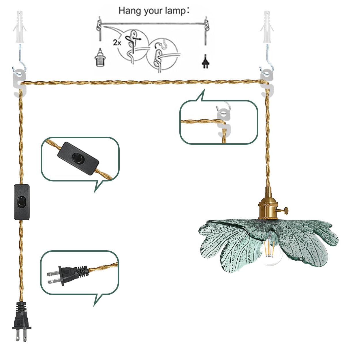 Auwieou Modern Brass Pendant Light with Dark Green Glass Shade, 14.75ft Plug-in Cord, Ideal for Kitchen and Dining Room