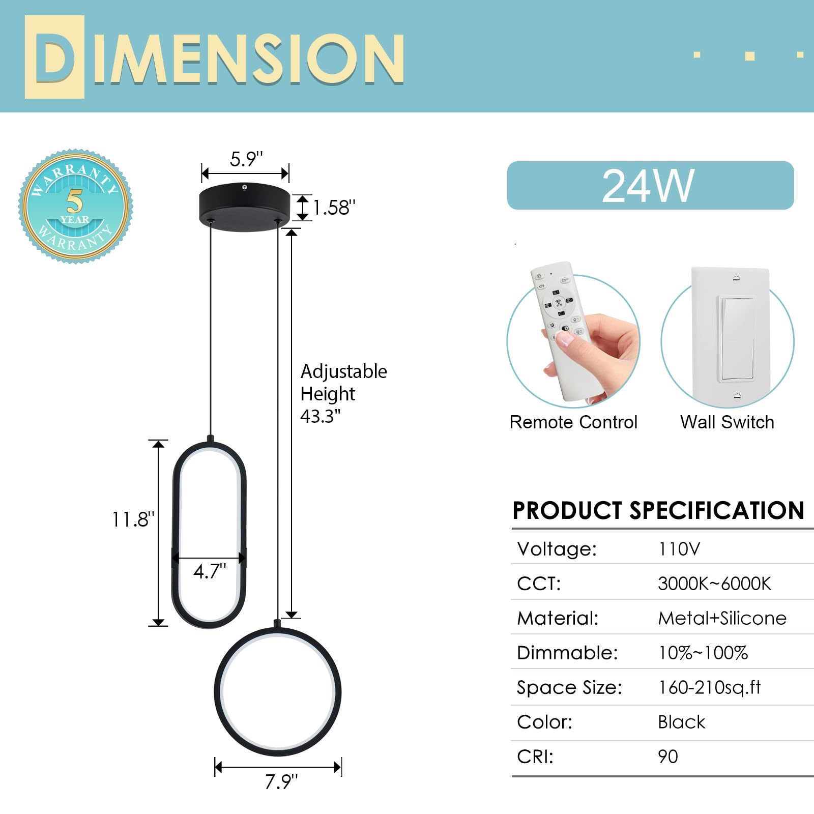 CHYING LED Pendant Light 2 Ring 24W Dimmable Metal Black CYD401-2RING-B-D