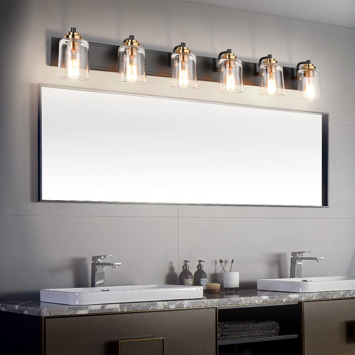 Solfart Bathroom Vanity Light Black And Brass Bathroom Light Fixtures Durable Glass Globe Vintage Stylish Lighting 6 Lights(8580