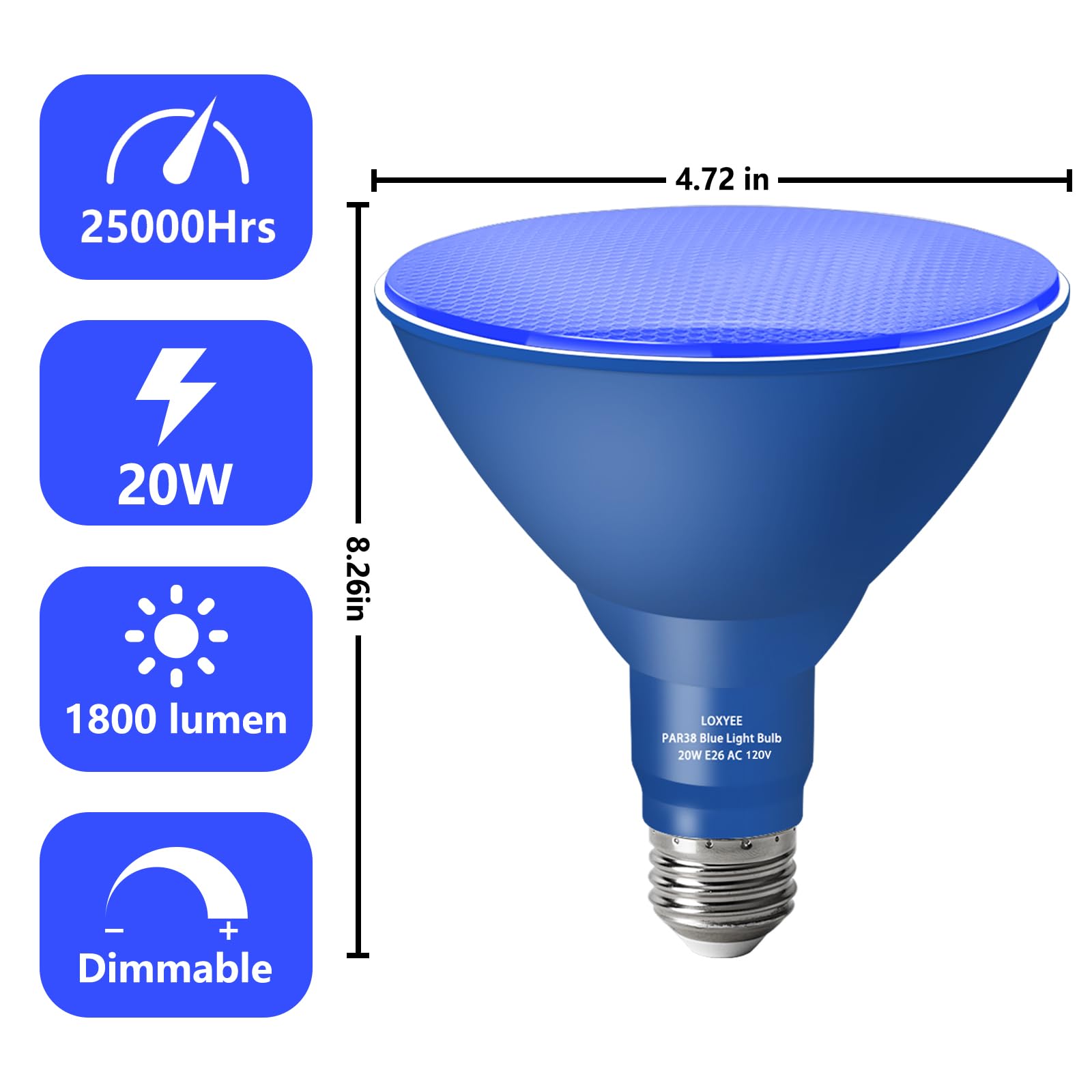 LOXYEE PAR38 Blue Flood Light Bulbs, 4 Pack, Dimmable, E26 Base, Outdoor Lighting, Halloween & Christmas, 20W Equivalent to 200W