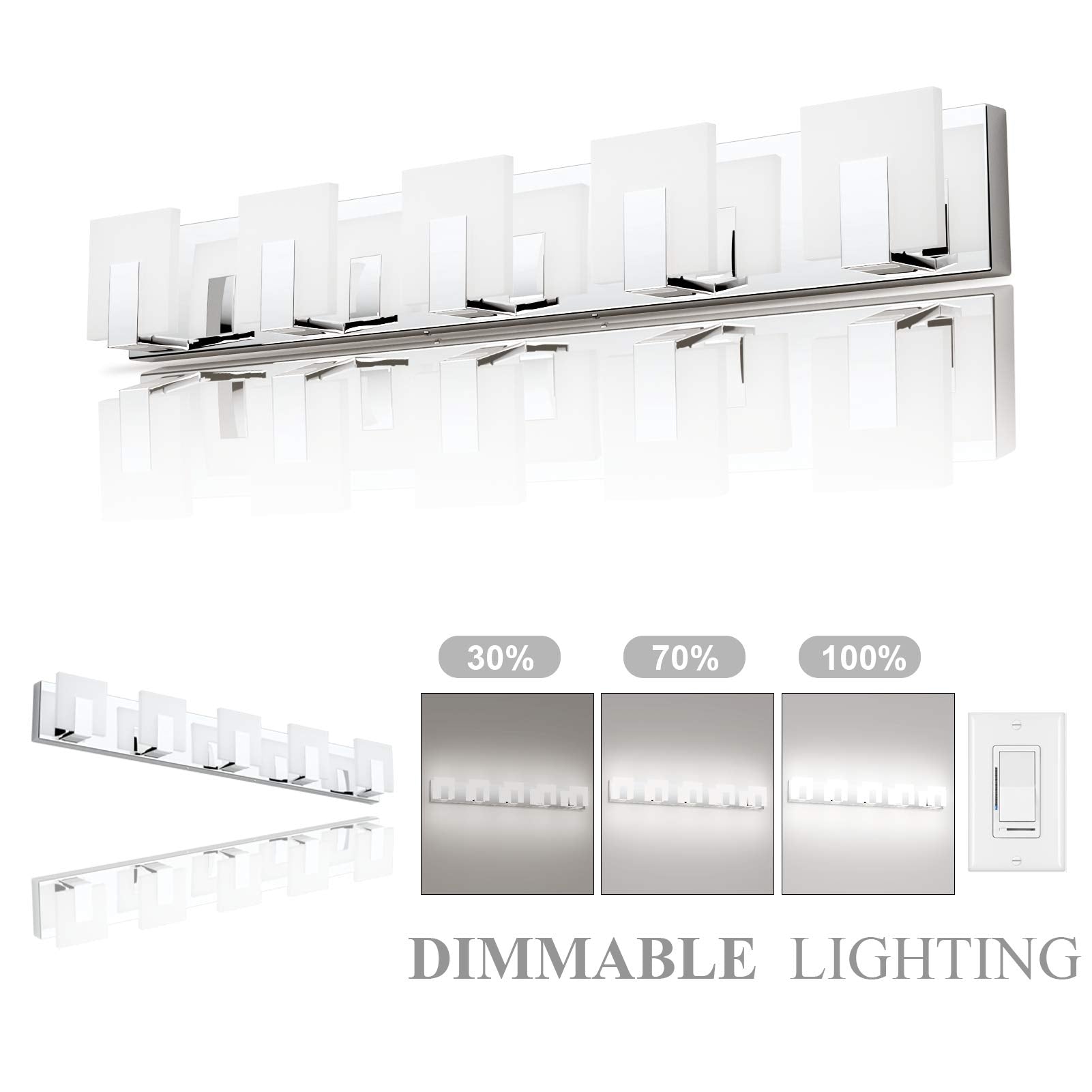 Aipsun Dimmable 5 Lights LED Bathroom Vanity Light Fixture - Chrome Stainless Steel, Model Ca-1105-5T-D, Over Mirror Lighting