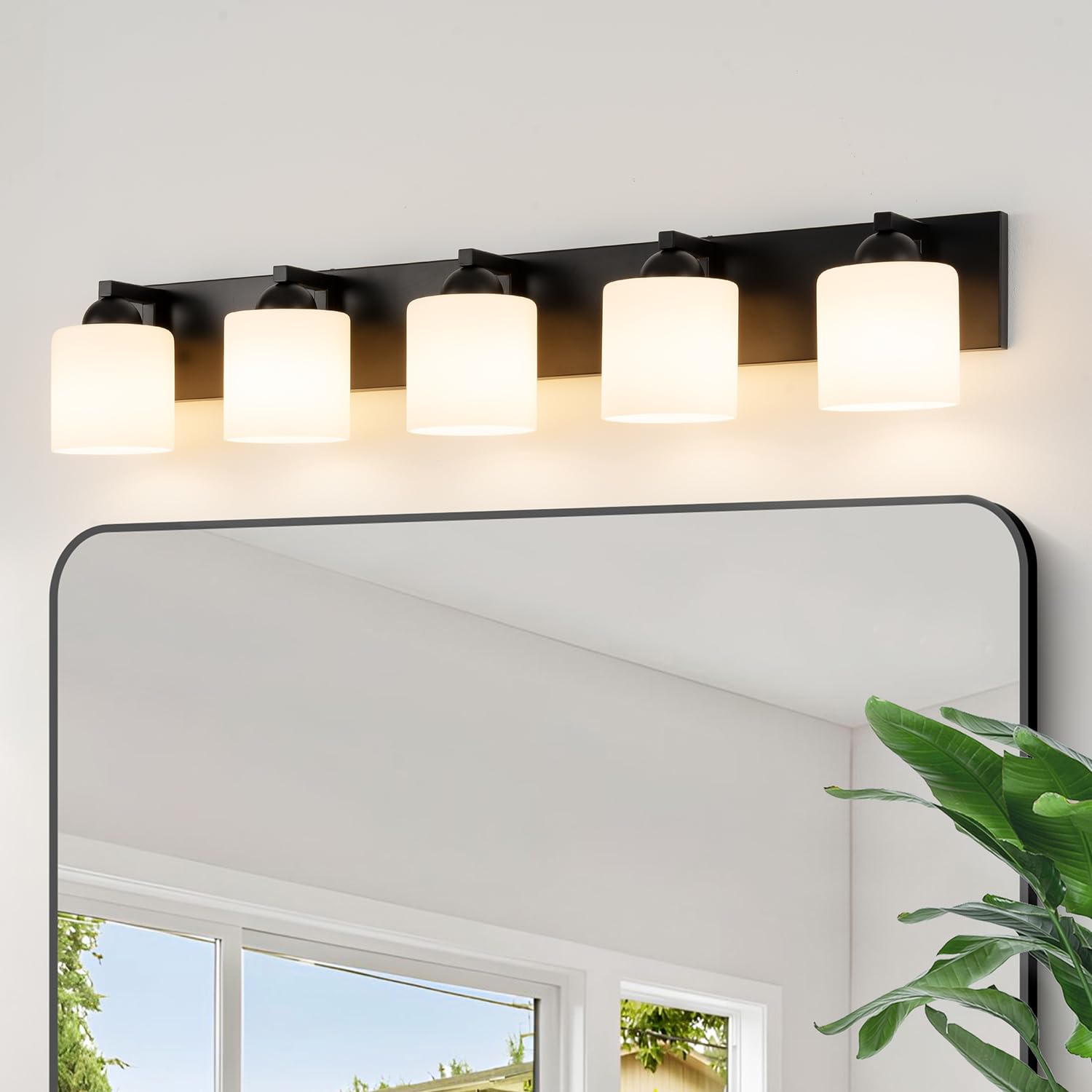 mirrea 38-Inch 5-Light Black Vanity Lights for Bathroom, Vanity Lighting Fixtures with Etched White Glass Shades