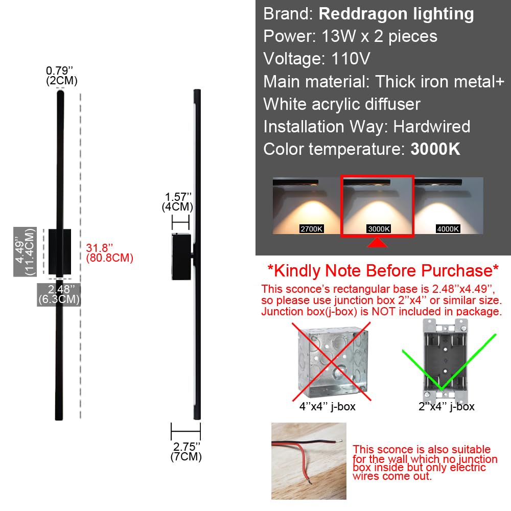 Reddragon Lighting 32" Hardwired Dimmable Black Tube Wall Sconce Set of 2 for Bathroom, Bedroom, Living Room, Hallway