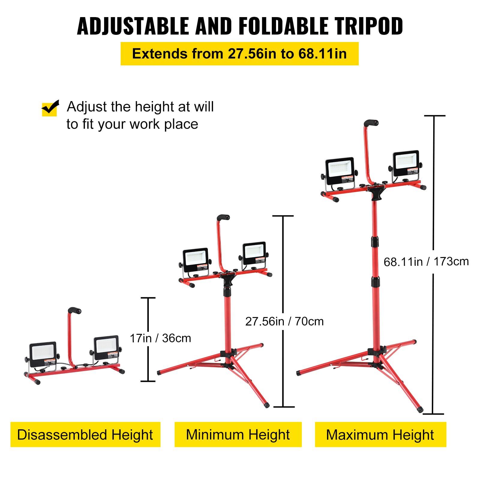 Vevor Led Work Light With Stand, 5000 Lumen Dual-Head Led Work Light With 27.6''-68.1'' Adjustable And Foldable Tripod Stand, Ip