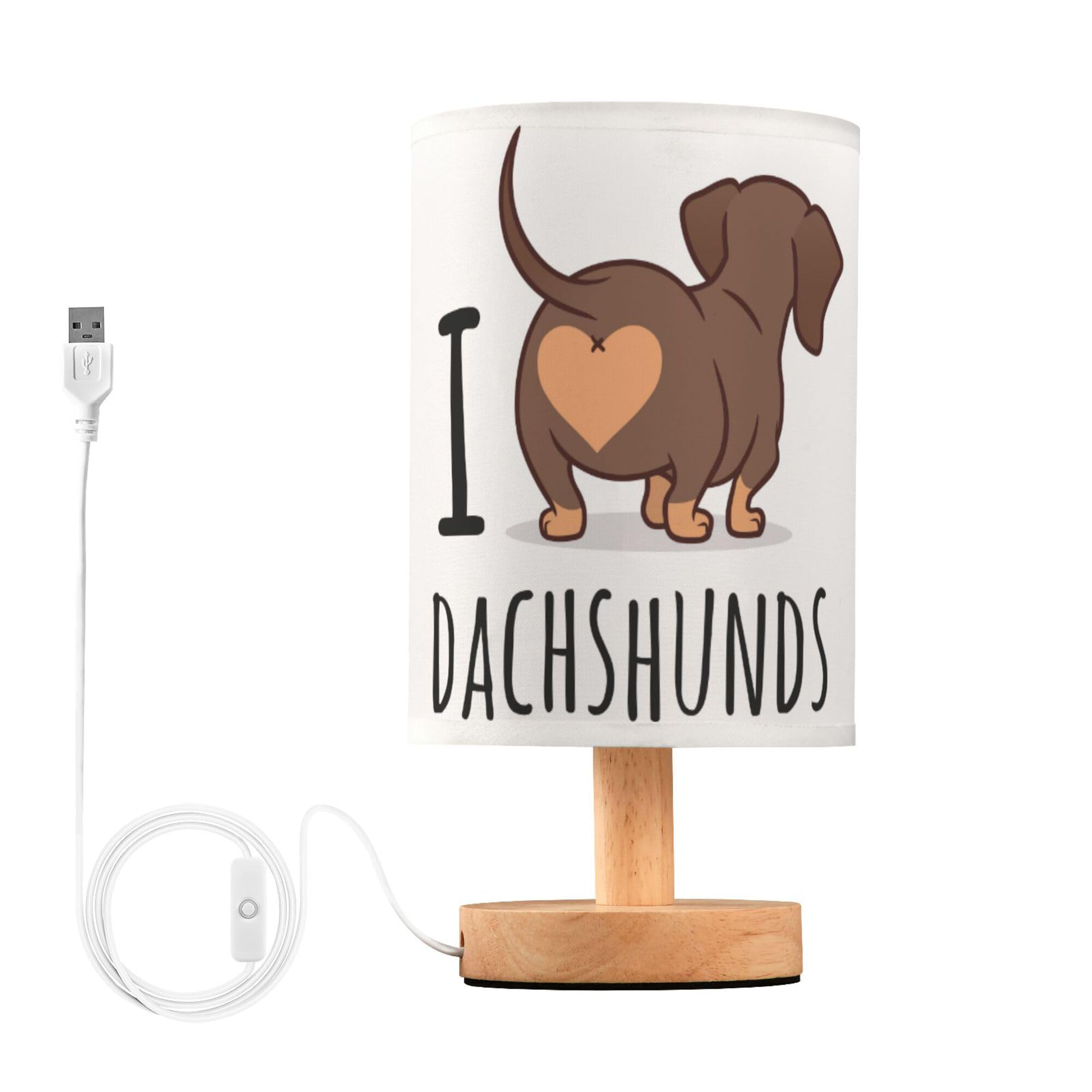 YYZZH Table Lamp Cute Dachshund Dog I Love Dachshunds Heart Butt Nightstand Lamp with Wood Base Fabric Lamp Shade Bedside Desk L
