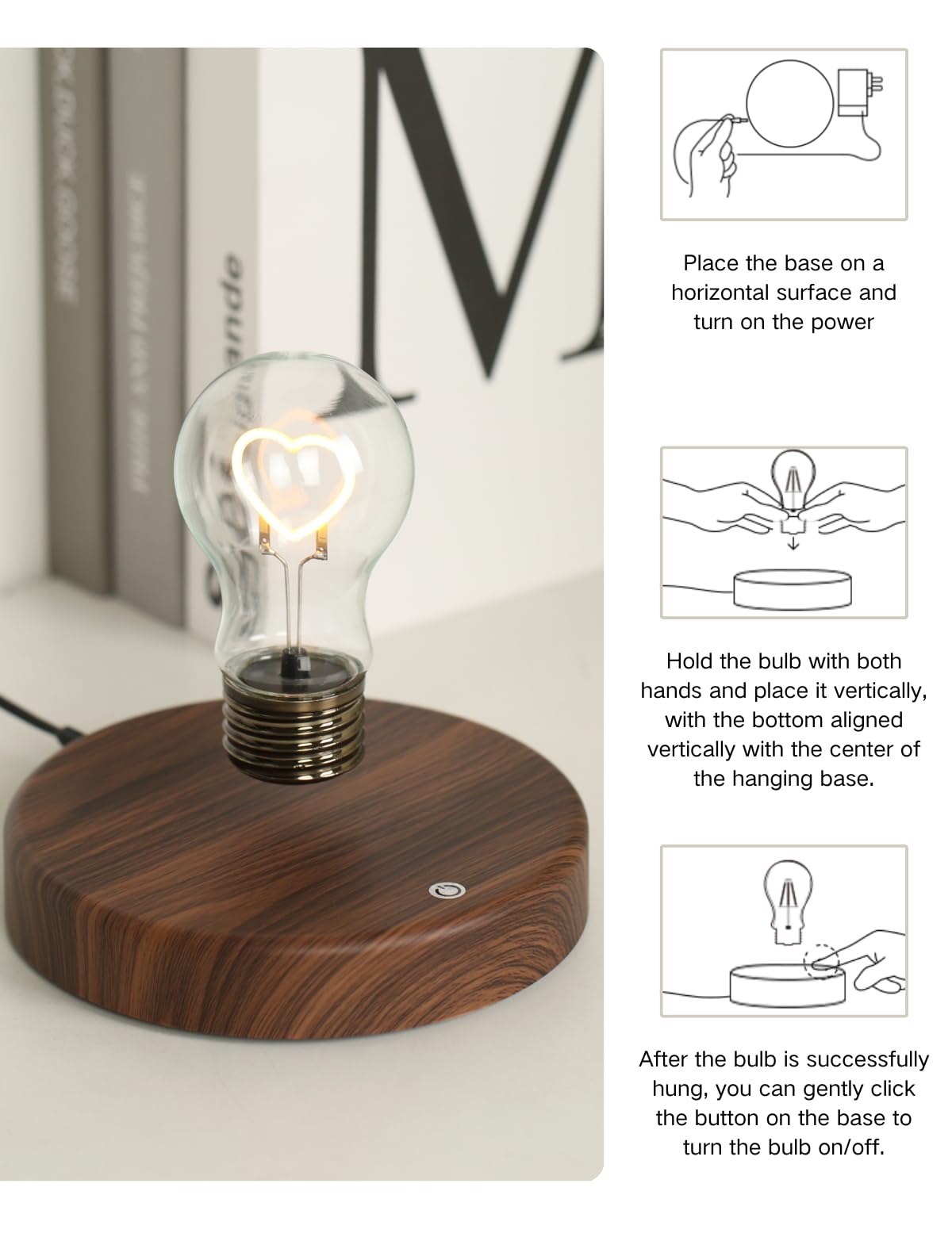 MOOCCI Levitating Bulb Lamp - Magnetic Floating Light, 360° Rotating, Yellow Round-Heart Design for Home Office Decor