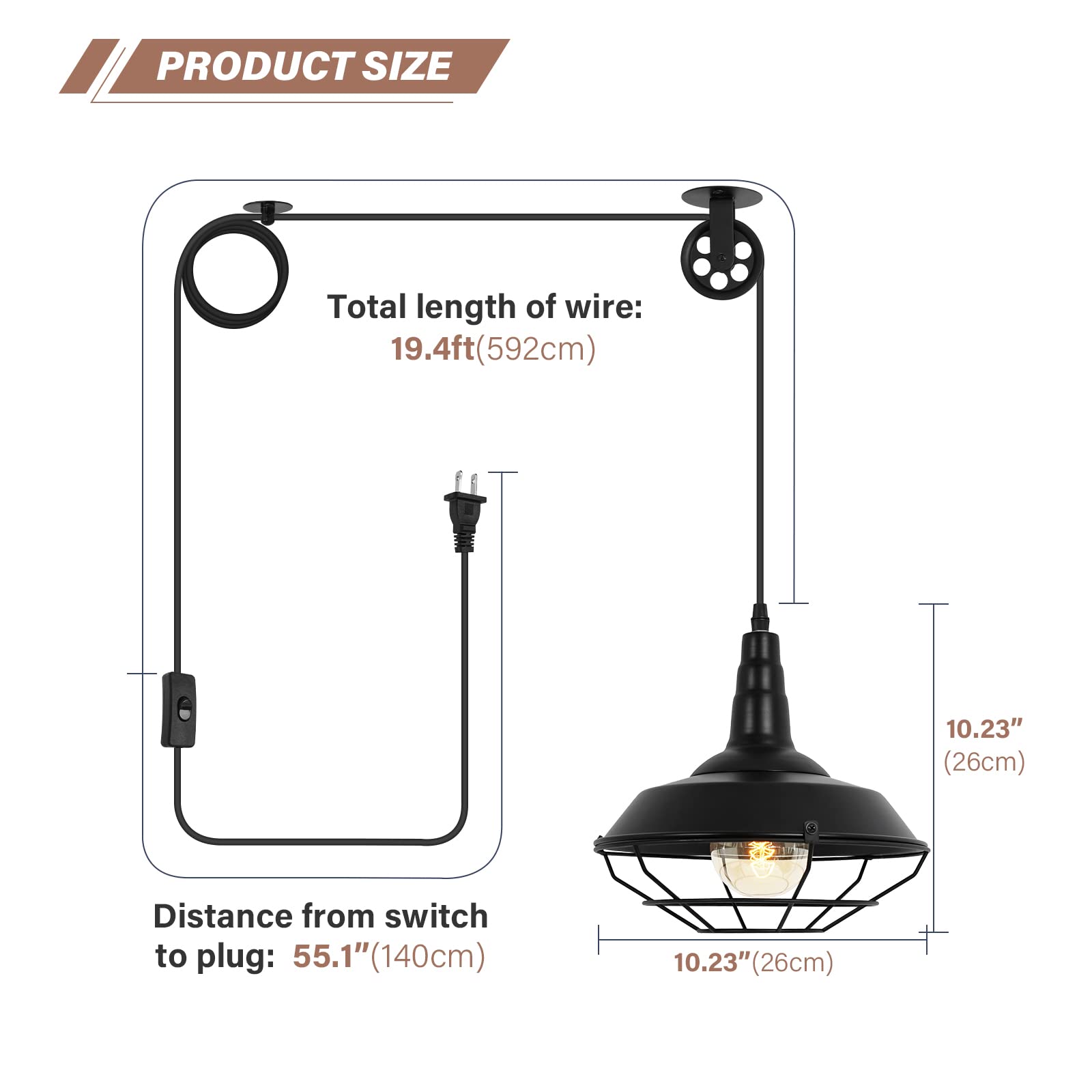 Kighsin Farmhouse Black Metal Wire Cage Plug In Pulley Pendant Lights With 19.4Ft Adjustable Cord On/Off Switch, Industrial Vint