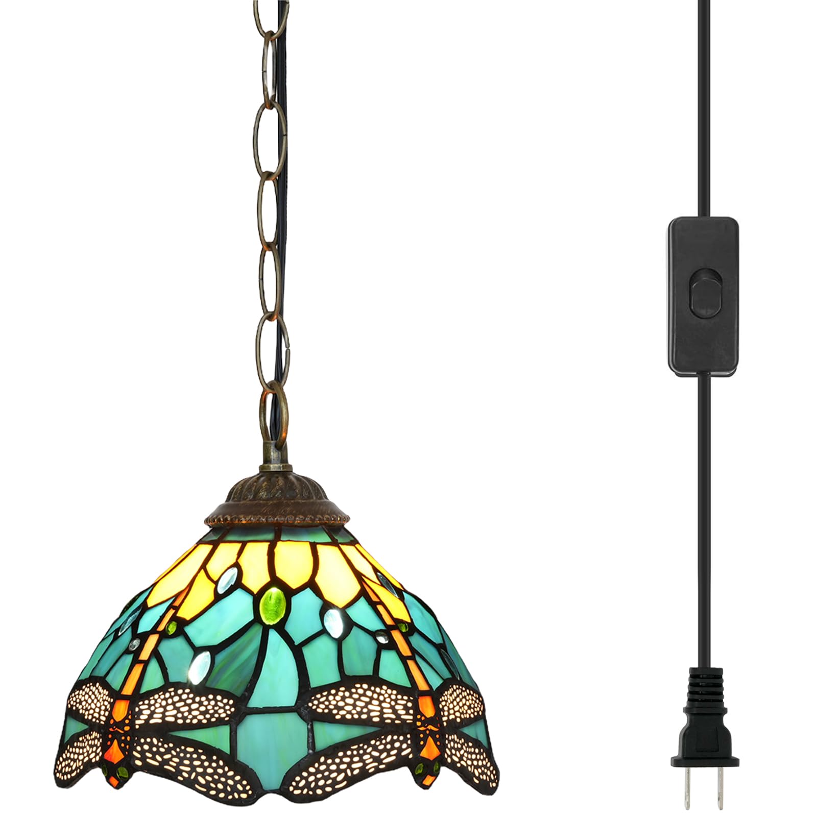 Blivuself Tiffany Pendant Light with 8 Inch Lampshade Green Dragonfly Style Hanging Light Fixture Handmade Stained Glass Hanging