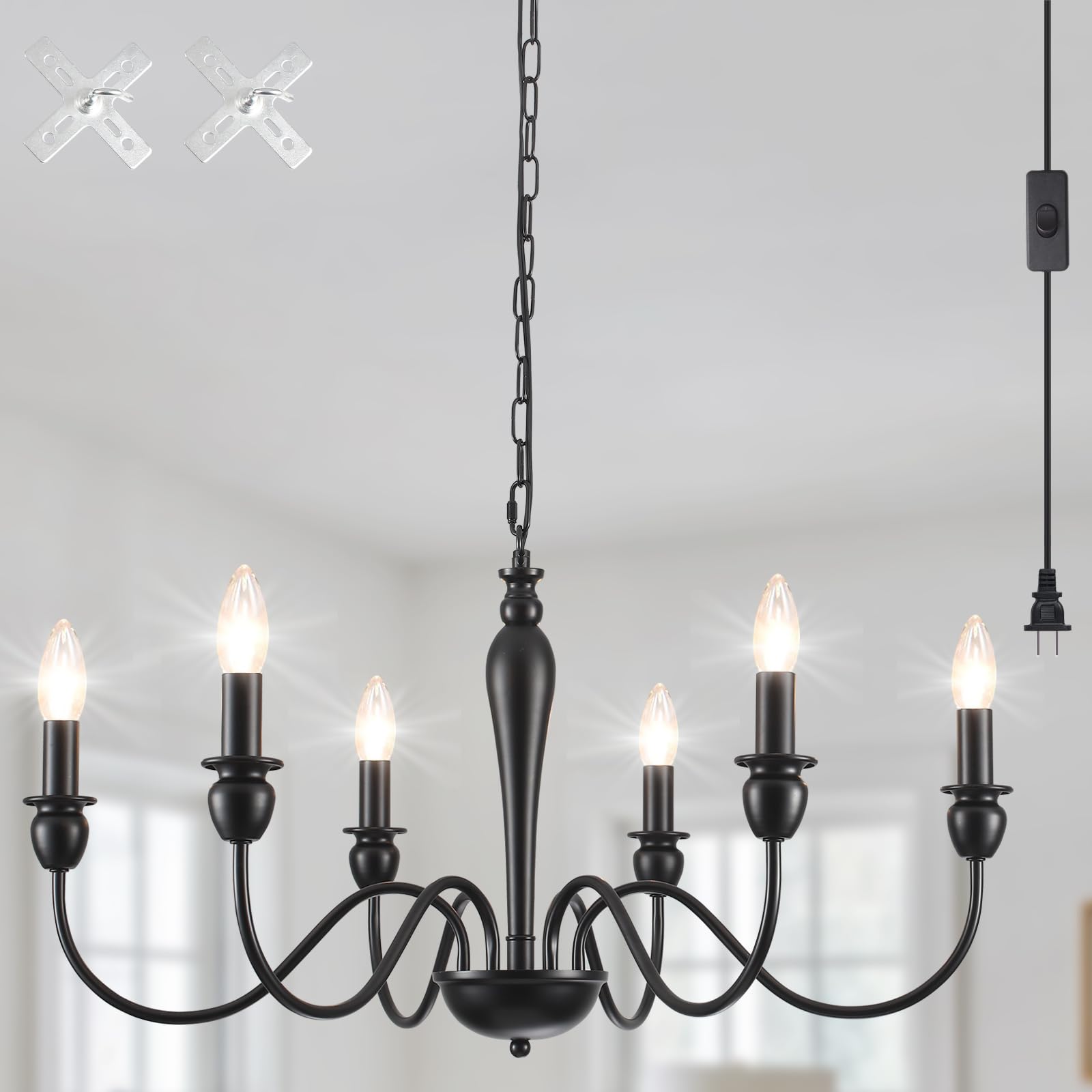 Lxwnyy Plug In Chandelier With Long Cord 15.1Ft, 6 Lights Farmhouse Light Fixtures Hanging Lights With Plug In Cord, Black Plug 