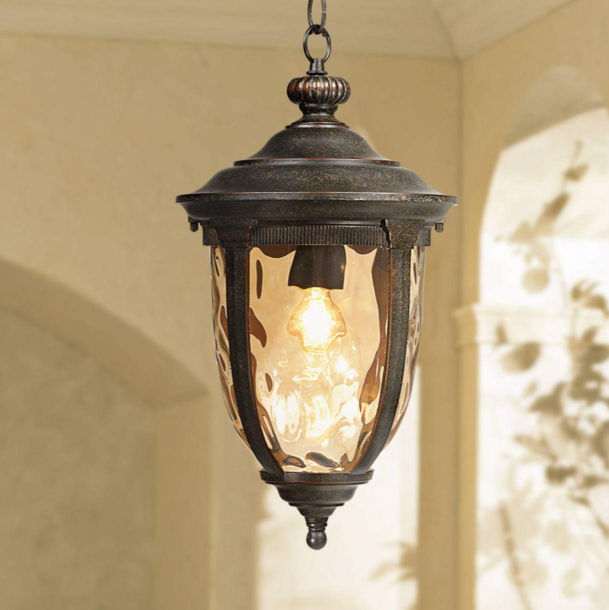 John Timberland Outdoor Ceiling Light, 18 Inch, Bronze, Damp Rated, Model 40379, Champagne Hammered Glass for Porch, Patio, Garden