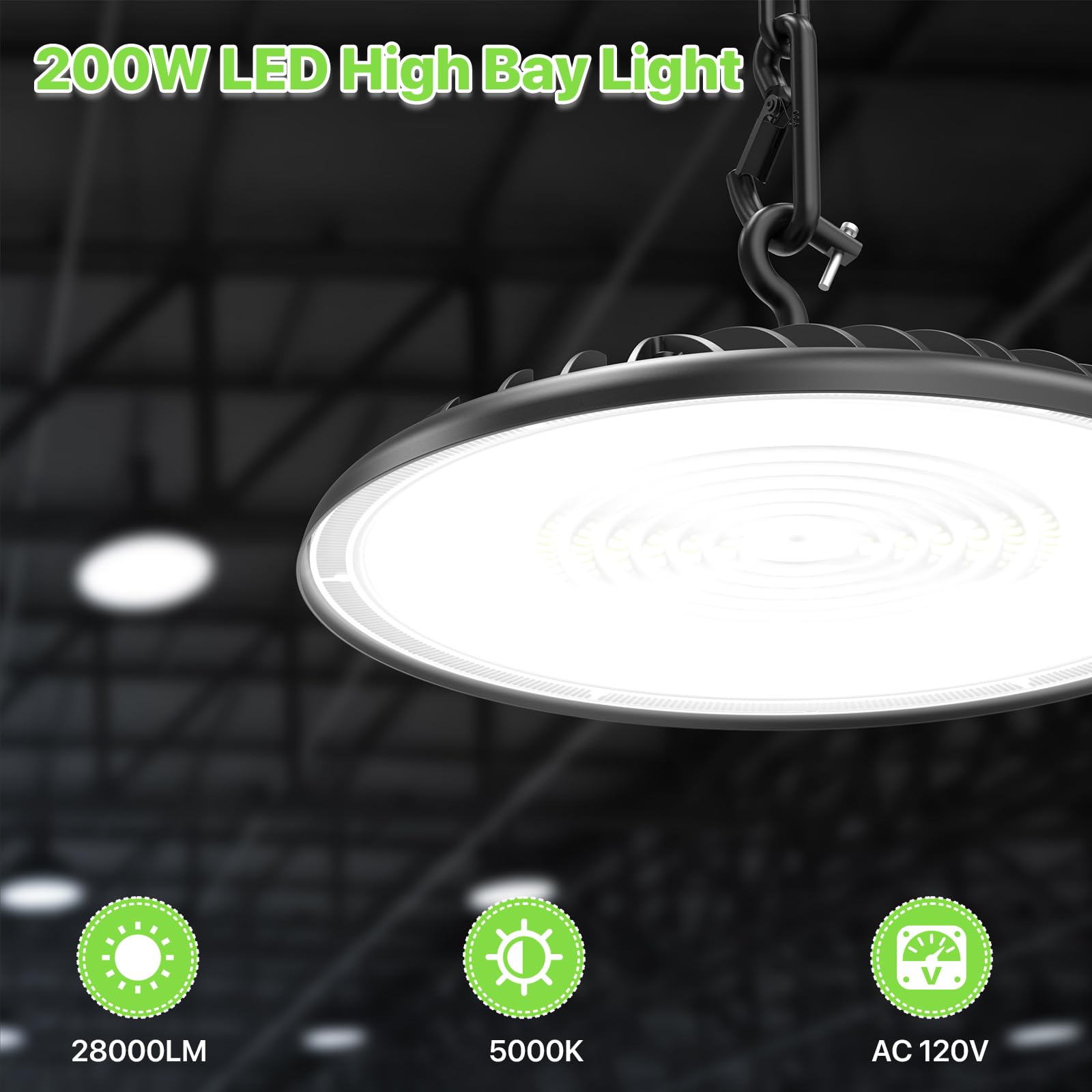 Glitgate LED High Bay Light 200W 28000LM IP65 Waterproof HBL05 Black for Warehouse and Factory