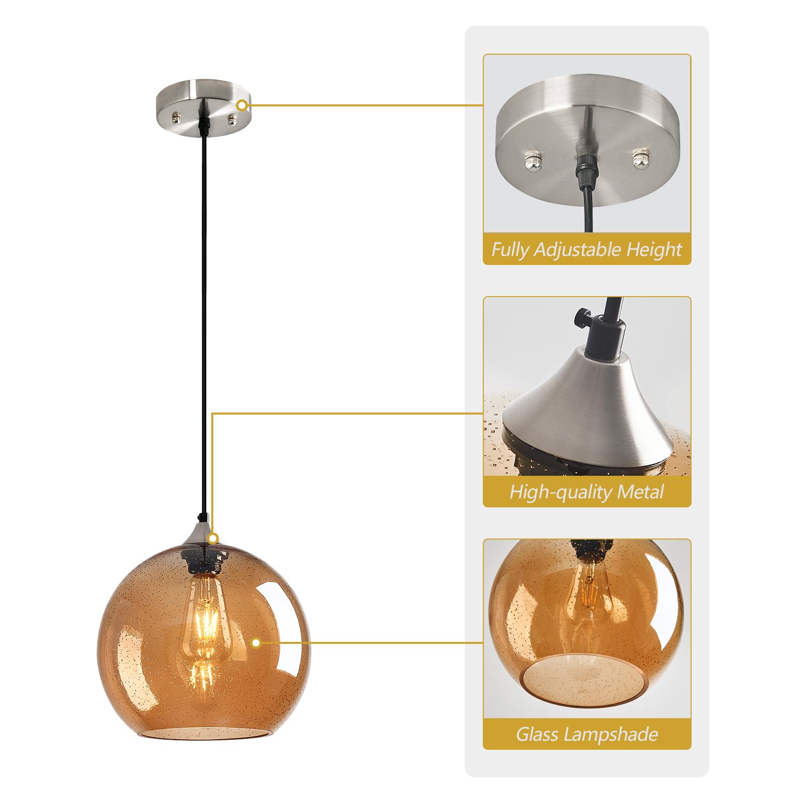 Lbsqj Amber Glass Pendant Lights Kitchen Island Globe Pendant Light Fixtures Modern Pendant Lighting For Bedroom Living Dining Room Light Fixture (9.84 In  3 Pack)