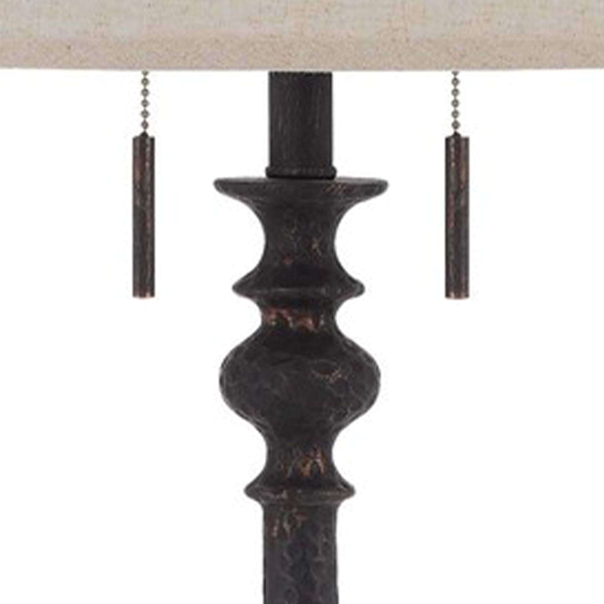 Benzara Floor Lamp with Tubular Resin Support, Pull Chain, Dark Bronze, Model BM241868, Plastic/Metal/Fabric