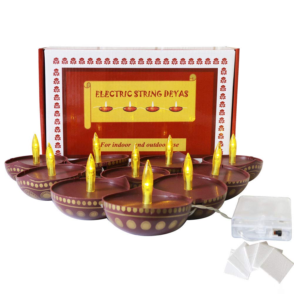 Diwali Diya String Lights - Diwali Gift Decor 10PCS LED Deepawali Battery Operated Diyas Indian Pooja Room Home Office Mandir Pu