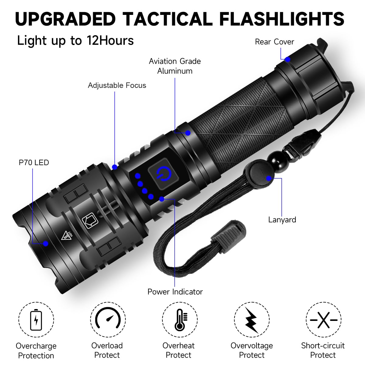 IkeeRuic Rechargeable Tactical Flashlight 990000LM, 5 Modes, Waterproof, Aluminum, Black, 1 Pack