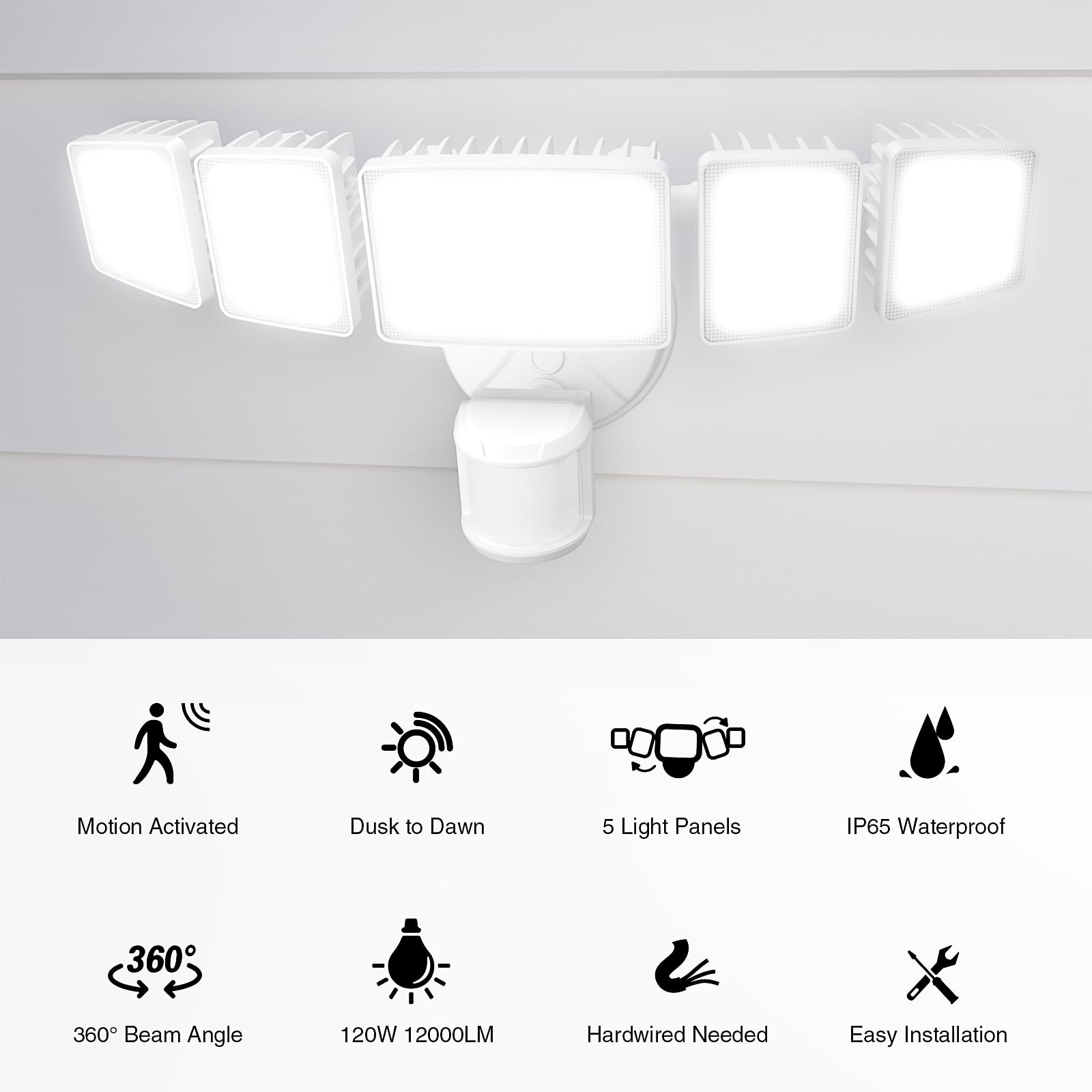 Onforu 120W LED Security Lights - 12000LM, Motion Sensor, Dusk to Dawn, 5 Heads, 6500K, IP65 Waterproof, White, Model BDB