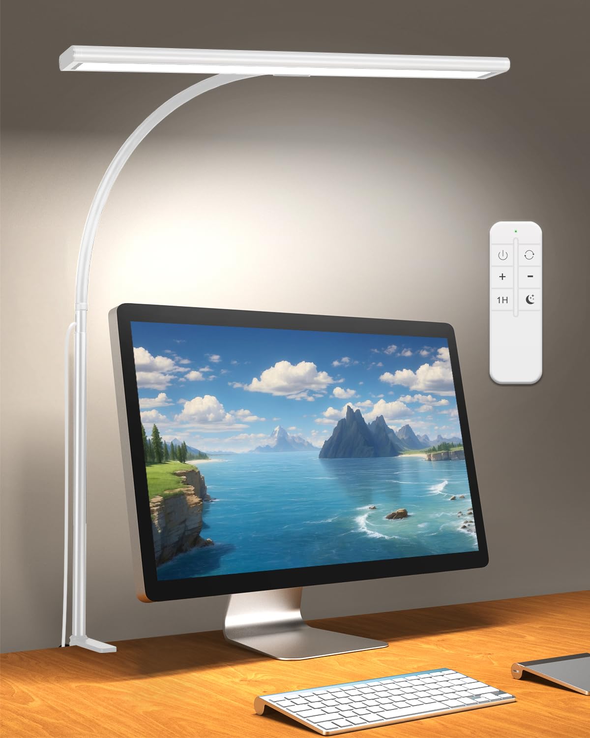 Desk Lamp with Remote  Adjustable Brightness  Eye-Caring LED Light  Rotatable Head  USB with Adapter  Space-Saving Design for Office  Study  Reading  Work  and Home Desktop Illumination - White