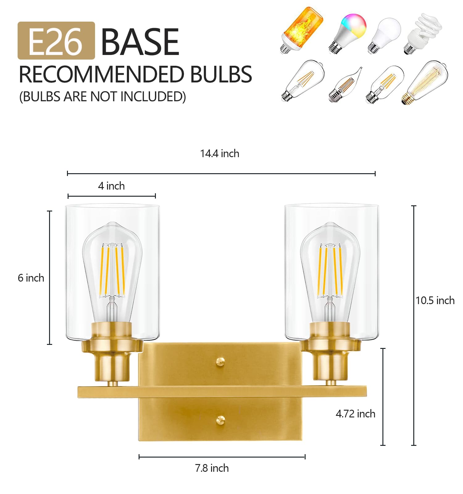 SANGFOR Gold Bathroom Vanity Light Fixture, 2-Light Brushed Gold, Clear Glass Shade, E26 Base, Modern Design