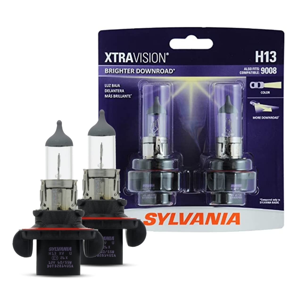 SYLVANIA H13 XtraVision Halogen Headlight Bulbs - High Beam, Low Beam & Fog Replacement, Black, Model H13XV.BP2 (2 Bulbs)
