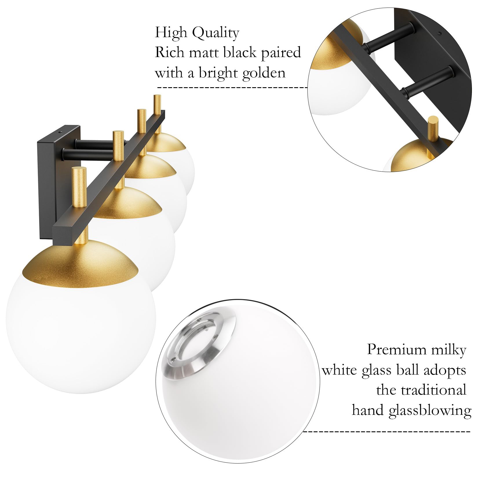 Ralbay Mid Century Modern 4-Light Vanity Light Fixture, Black/Gold, Metal, Model 1100, Milky Glass, Bathroom Over Mirror Lighting