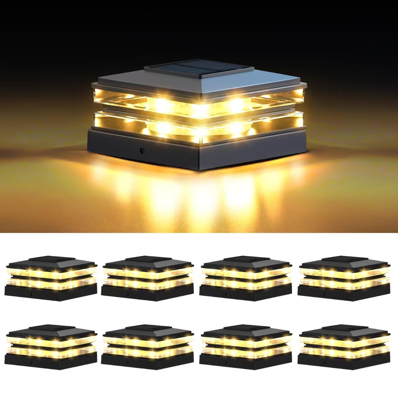 EXCMARK 4x4 Solar Post Cap Lights Outdoor Waterproof 8 Pack Fence Deck Post Lights with High-Brightness LEDs, Dual Light Modes W