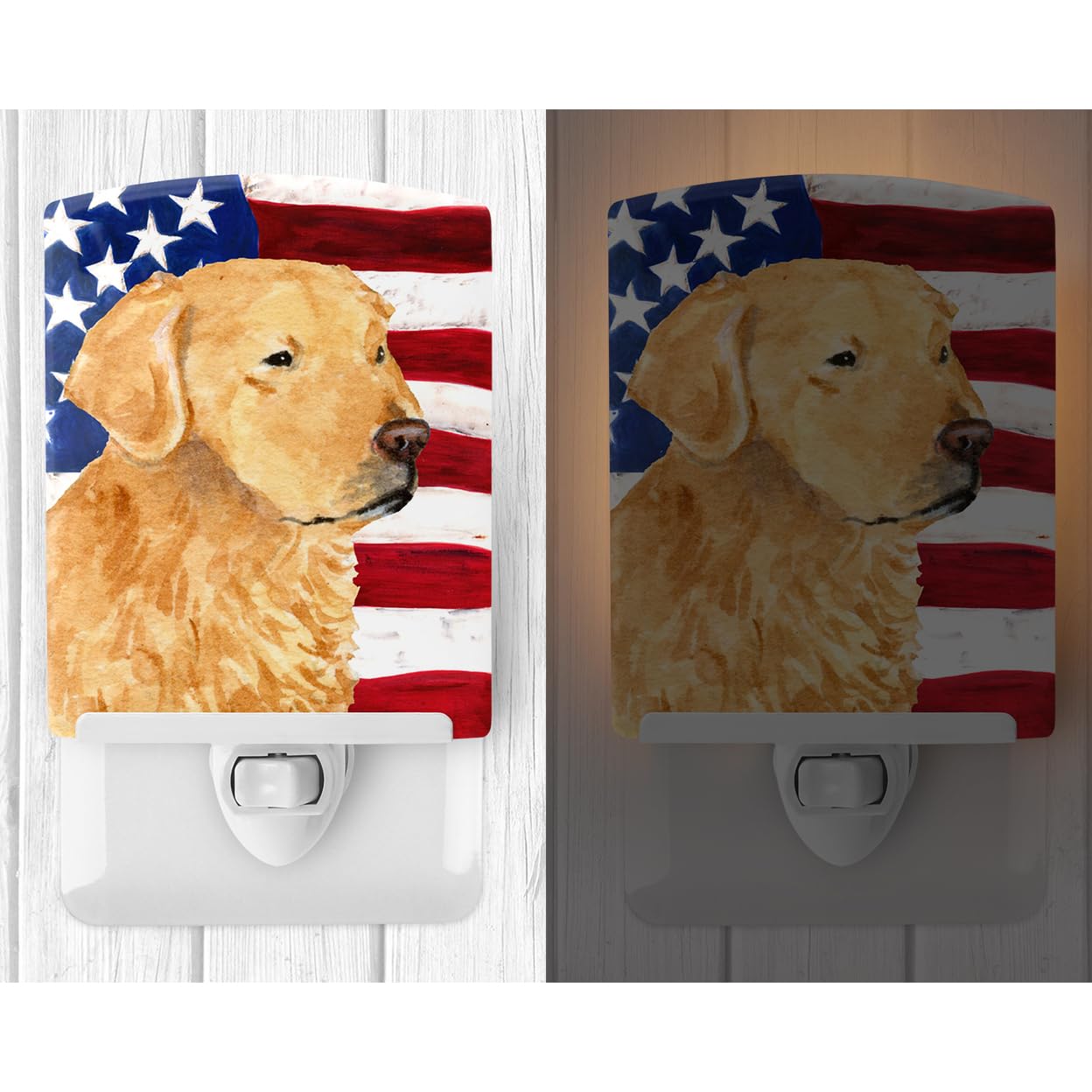 Carolines Treasures Ceramic Night Light - USA American Flag, Golden Retriever, UL-Certified, 6x4x3in, Multicolor, Model SS4055CNL