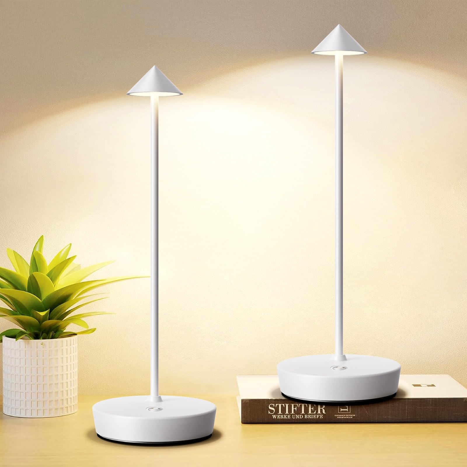 Tpczqj Set of 2 Rechargeable Cordless Table Lamp,6000mAh LED Battery Operated Desk Lamp Touch 3 Color Dimming Portable Outdoor W
