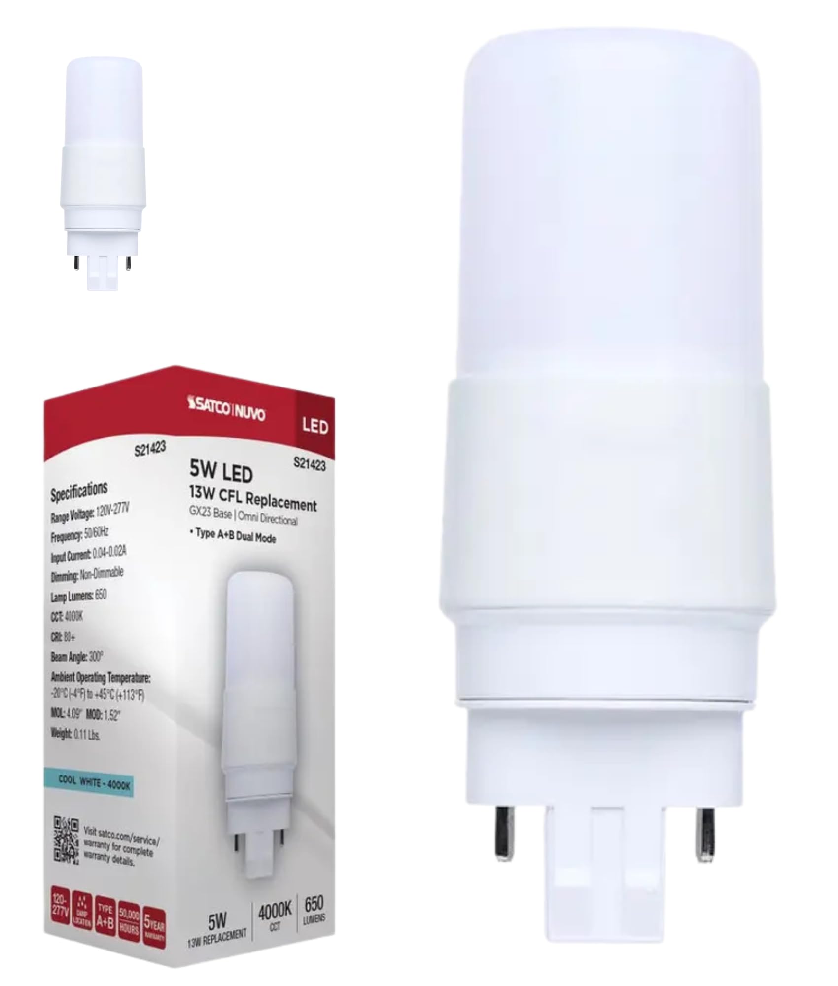Satco S21423 5W LED PL Light Bulb GX23, Type A/B Dual Mode (Ballast Compatible or Bypass), 4000K Cool White, 650 Lumens, 13W CFL