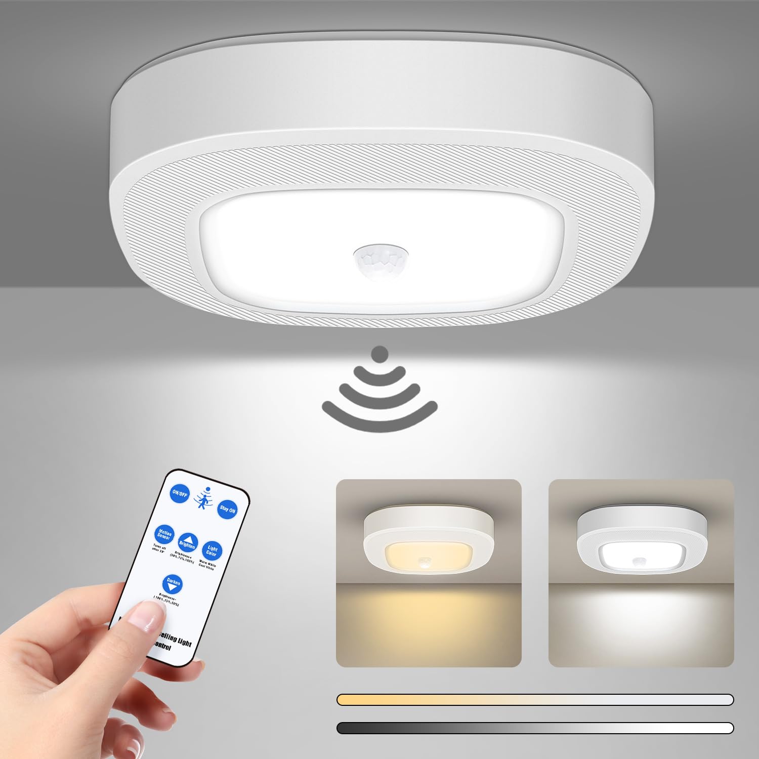 Battery Powered Motion Sensor Light Indoor with Remote, 300LM Dimmable Battery Operated Ceiling Light, 3000K&6000K Color Changea
