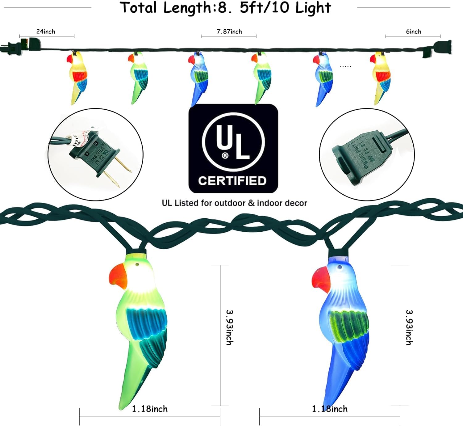 Pallerina 8.5Ft Led Parrot String Lights With 10 Multicolor Parrot Shaped Lights,Tropical Themed Party Decorations,Plug In Novel